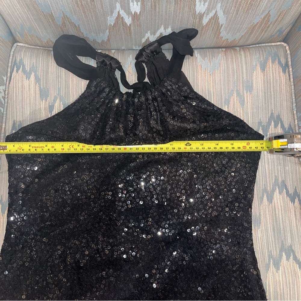 Tahari Dressy Black Sequin Halter top,sheer chiffon mesh straps keyhole tie back - Picture 10 of 11